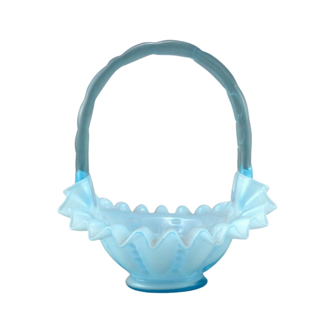 Fenton Art Glass Blue Overlay Melon Pattern 10 1/4" Ruffle Edge Basket 1949-50